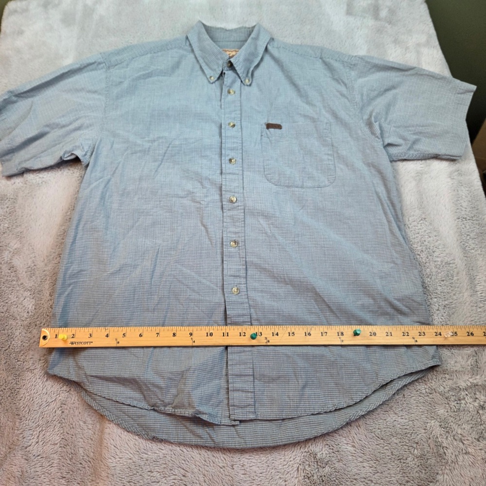 Woolrich Button‎ Down Shirt Mens L Short Sleeve Micro Check Pocket Blue Cotton